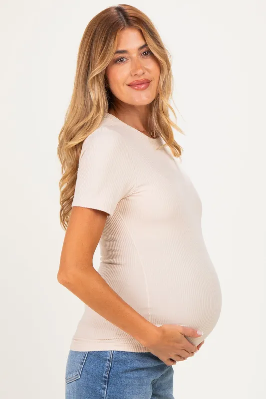 Natural Brushed Ribbed Knit Maternity Crewneck Tee made by Umgee
