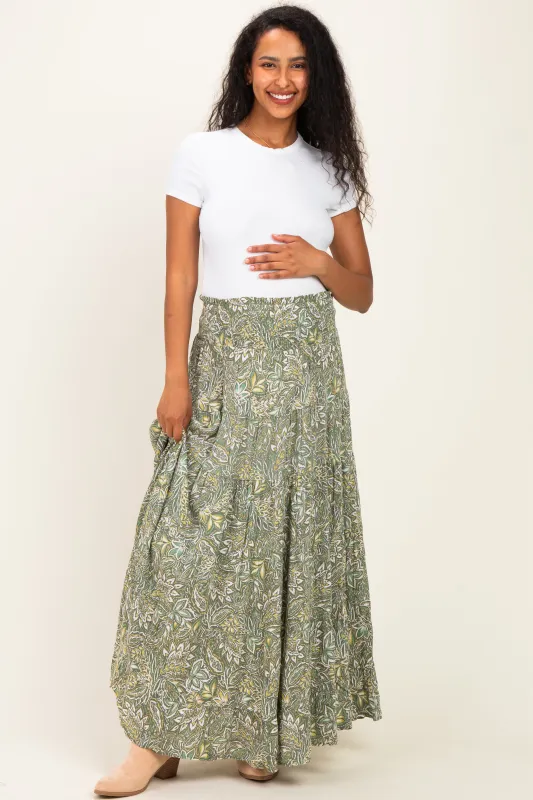 Olive Floral Tiered Smocked Waist Maternity Maxi Skirt made by Angie