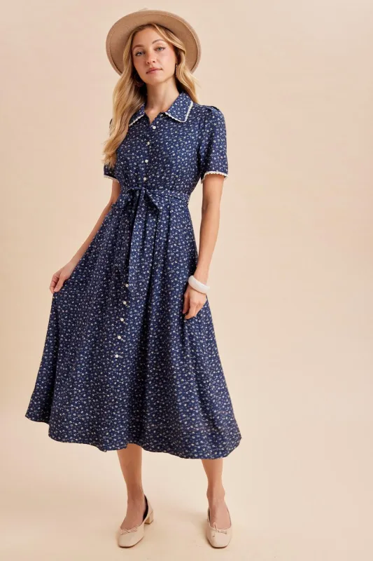 Navy Floral Button Down Tie Waist Midi Dress made by Inloom