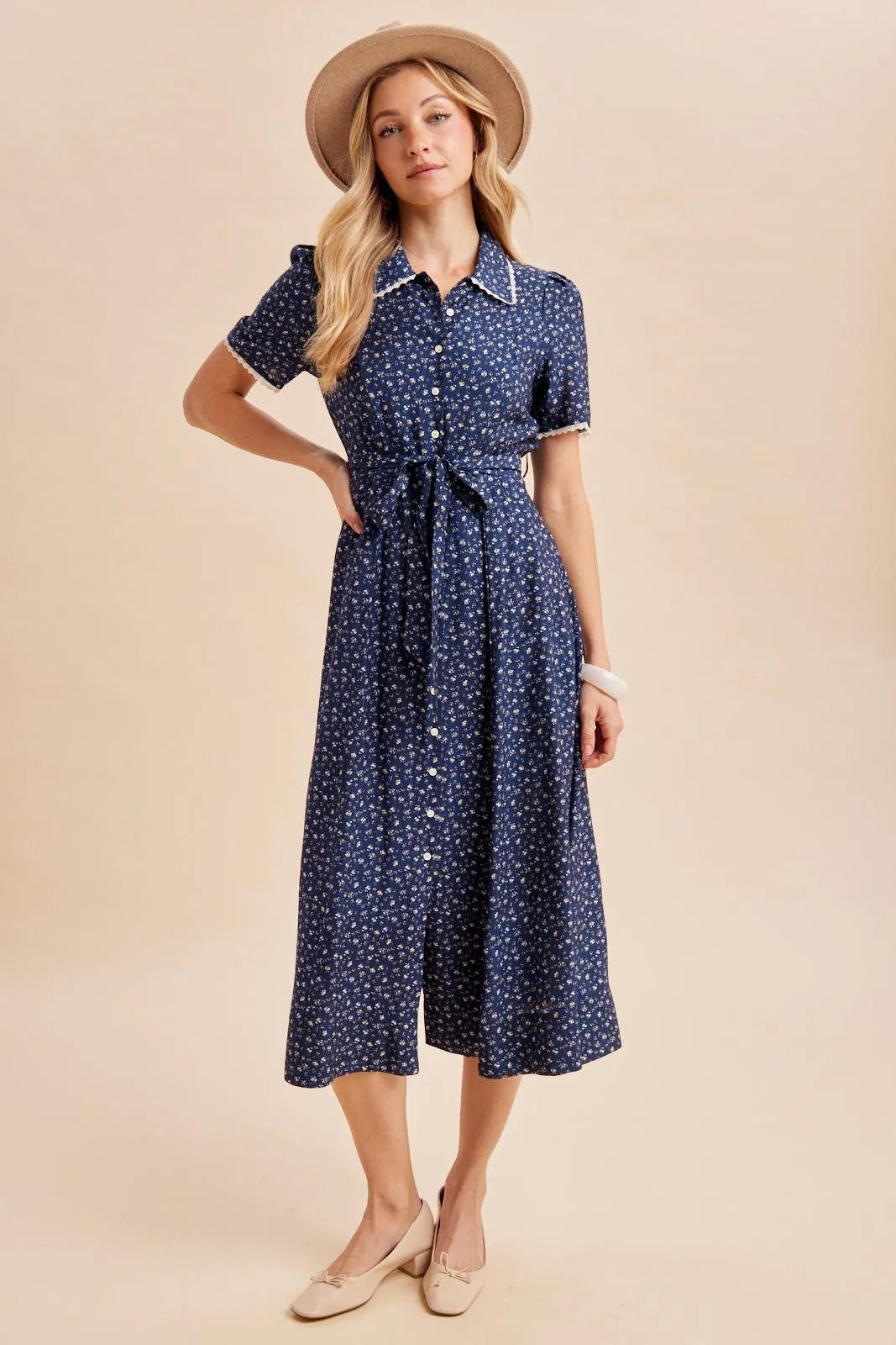 Navy Floral Button Down Tie Waist Midi Dress sold by Pinkblush product image thumbnail 2