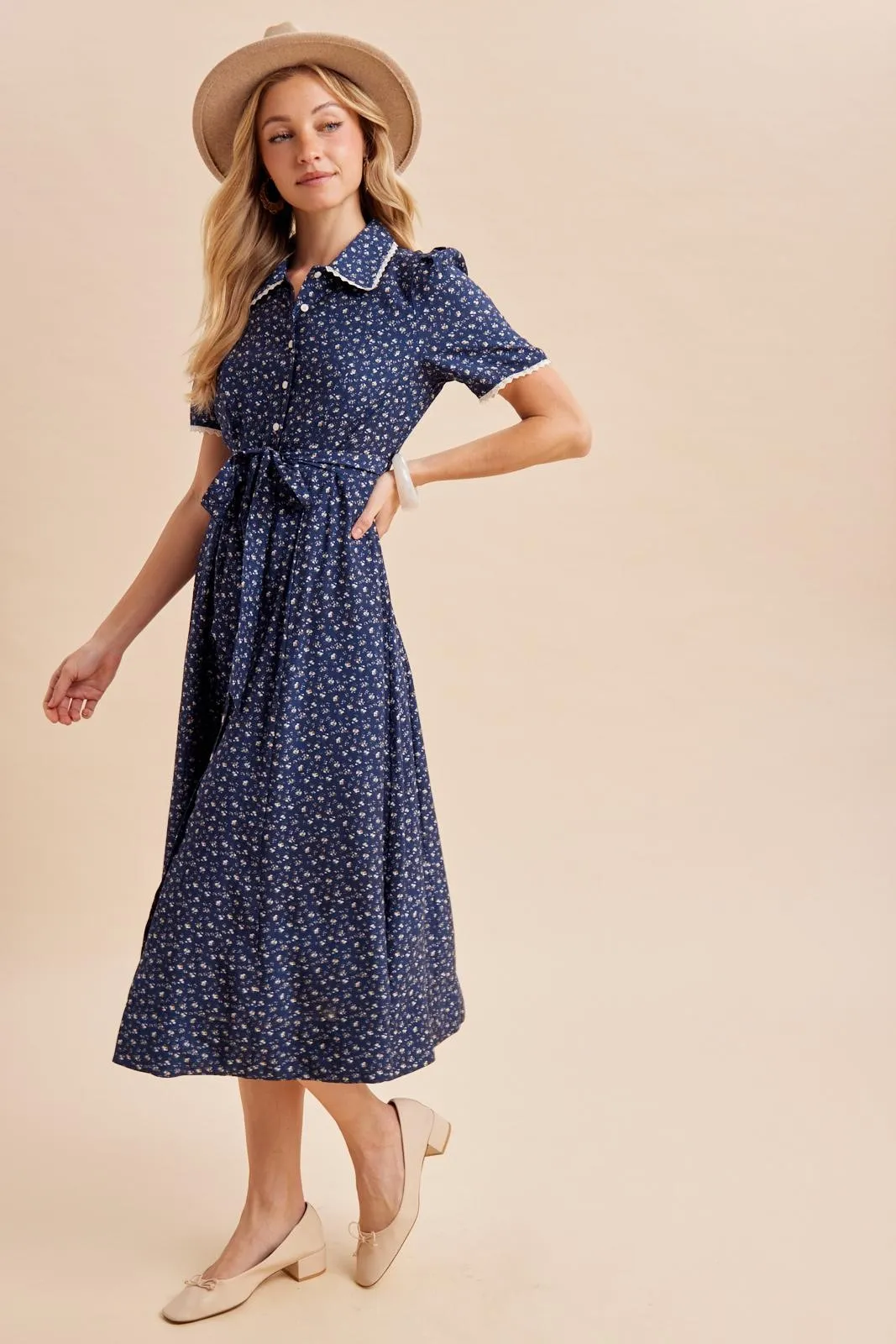 Navy Floral Button Down Tie Waist Midi Dress sold by Pinkblush product image thumbnail 3