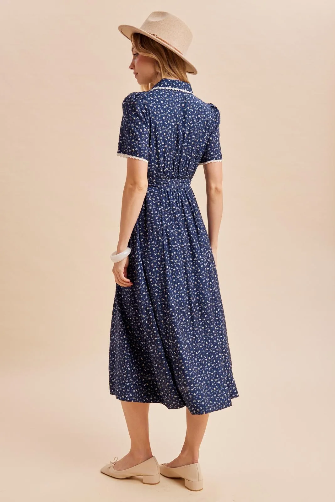 Navy Floral Button Down Tie Waist Midi Dress sold by Pinkblush product image thumbnail 4