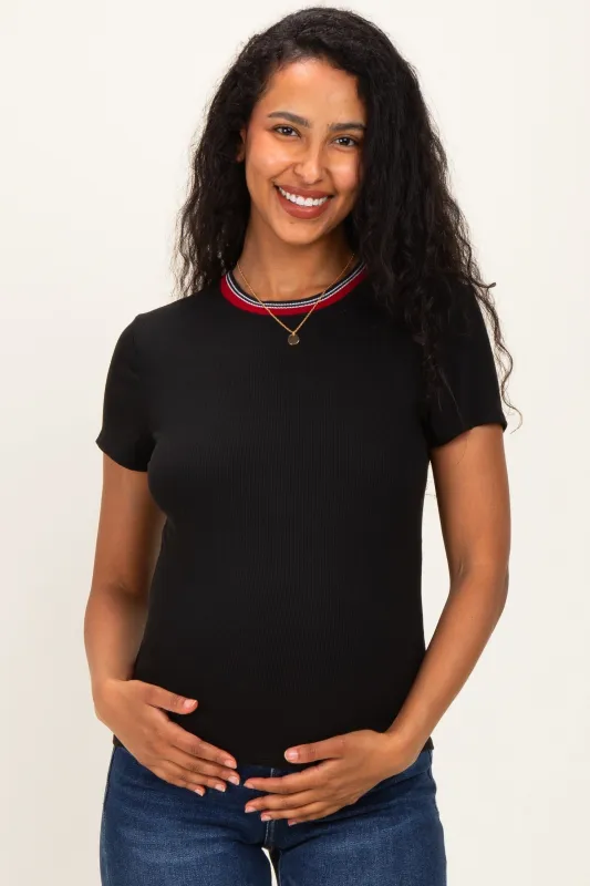 Black Ribbed Crewneck Maternity Tee With Contrast Trim made by Pinkblush