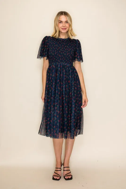Dark Navy Floral Mesh Smocked Midi Dress made by tea n rose