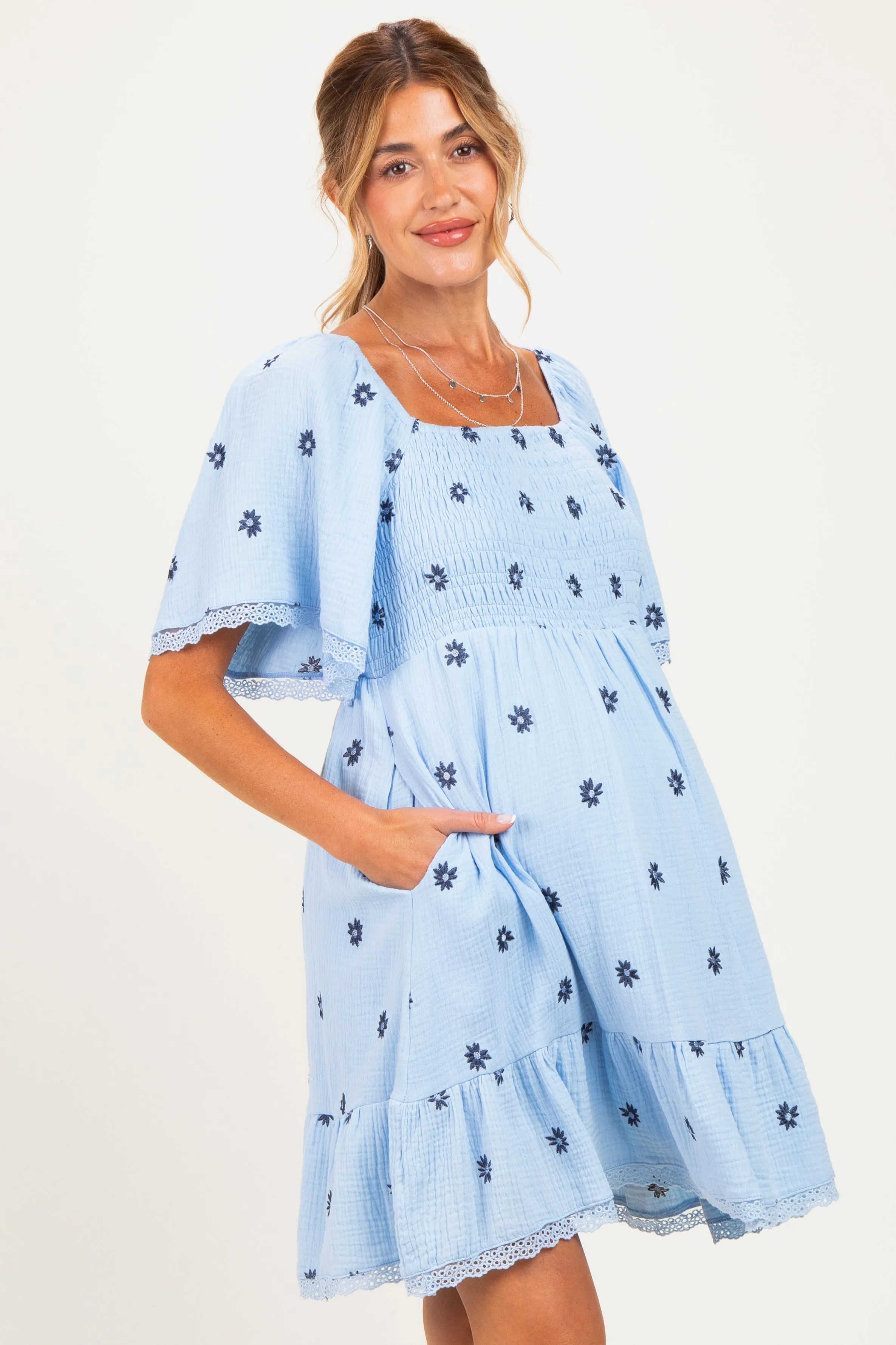 Blue Floral Embroidered Smocked Maternity Dress sold by Pinkblush product image thumbnail 4