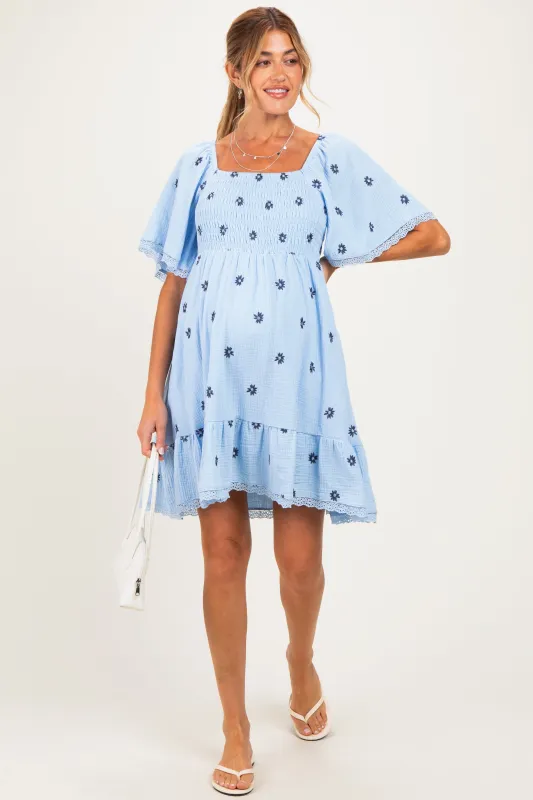 Blue Floral Embroidered Smocked Maternity Dress made by Jnna