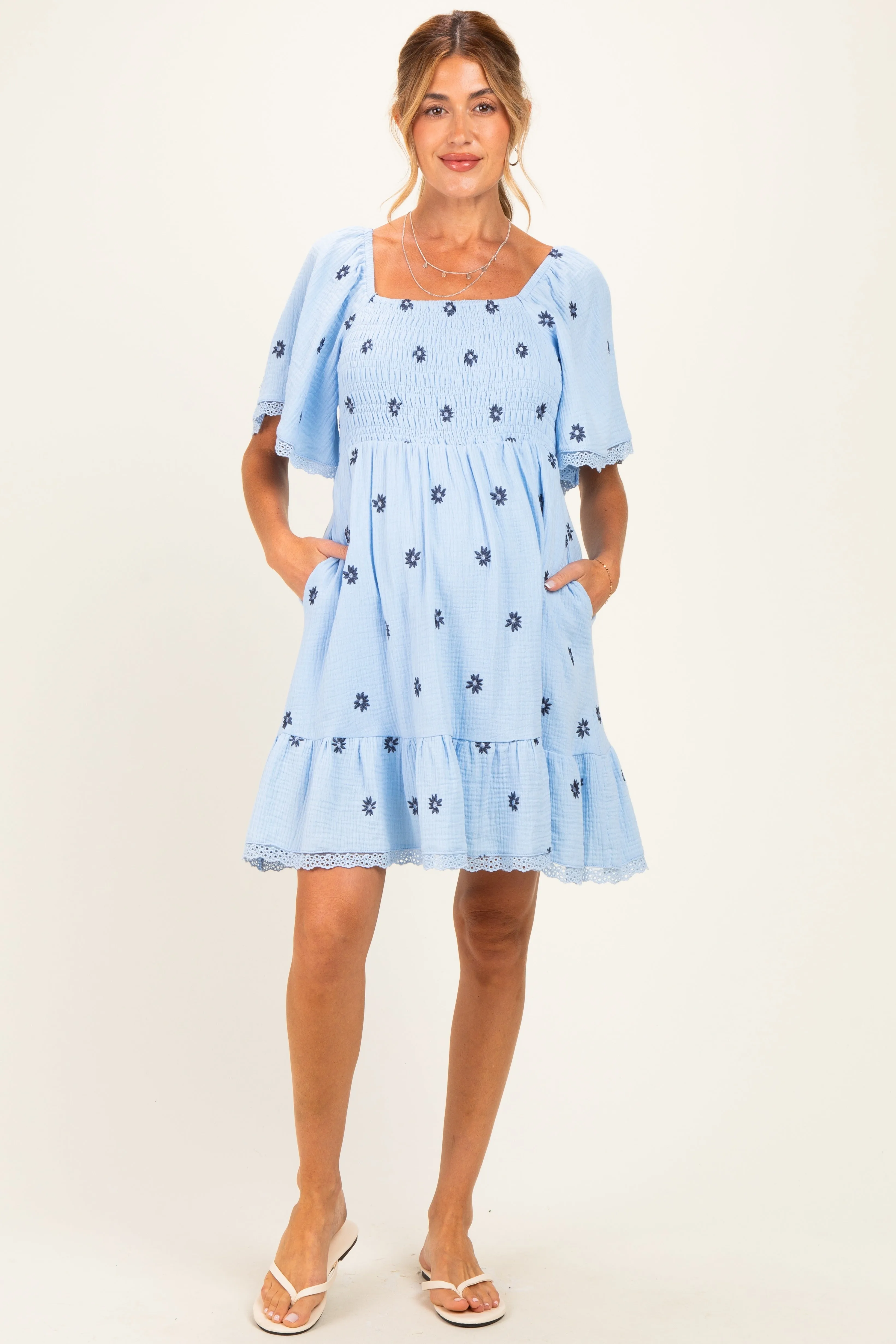 Blue Floral Embroidered Smocked Maternity Dress sold by Pinkblush product image thumbnail 2