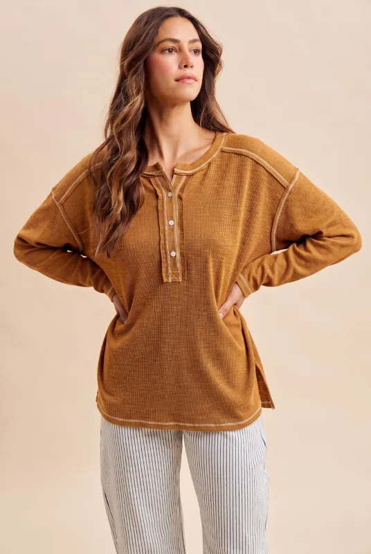 Burnt Camel Ribbed Jersey Oversized Henley made by AnnieWear