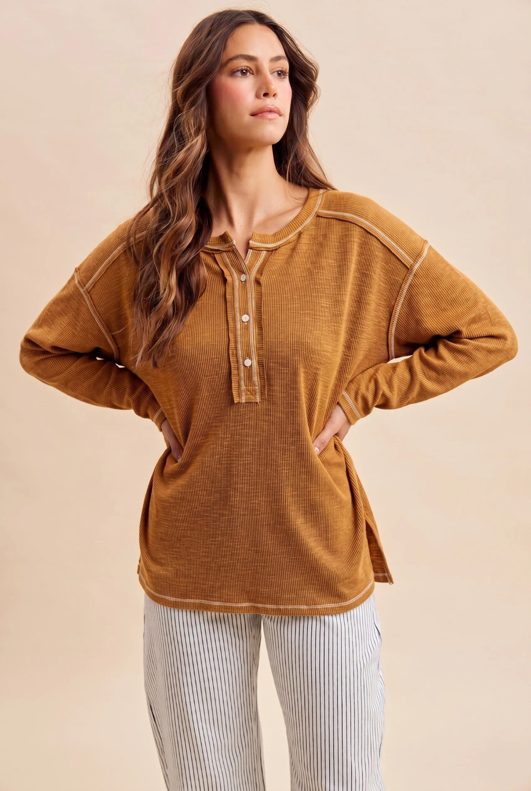 Burnt Camel Ribbed Jersey Oversized Henley sold by Pinkblush