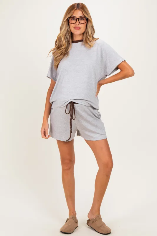 Light Grey Melange Knit Short Sleeve Top Shorts Maternity Set made by AnnieWear
