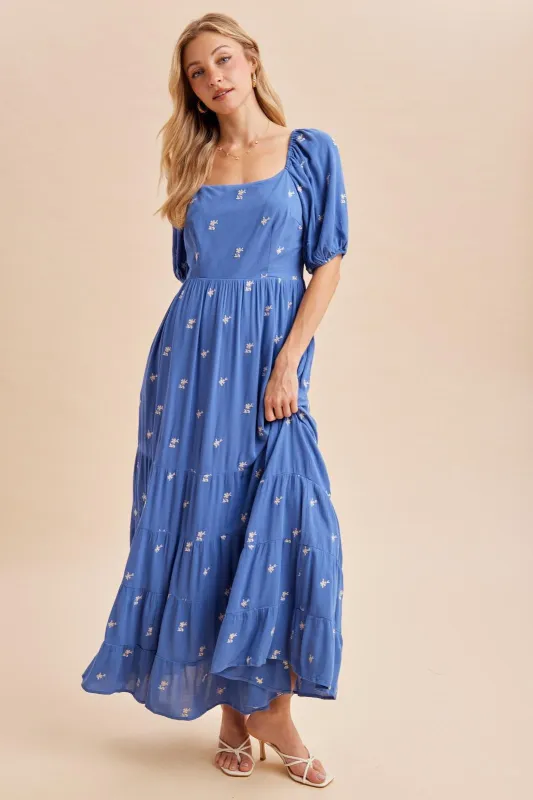 Blue Embroidered Tiered Maxi Dress made by Inloom