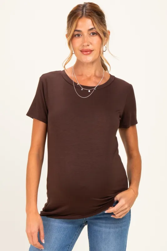 Brown Basic Short Sleeve Maternity Top made by Pinkblush