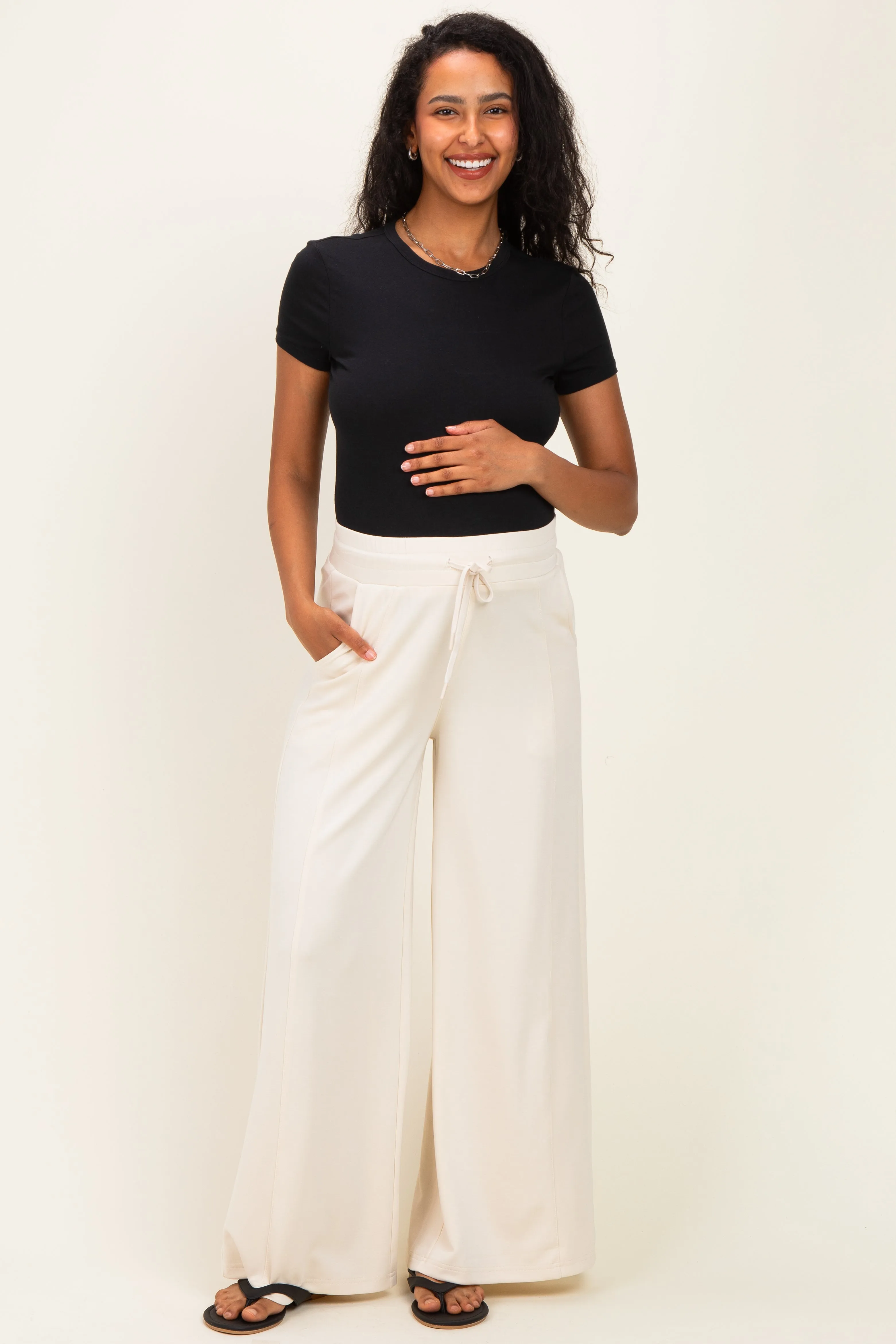 Cream Drawstring Maternity Lounge Pants sold by Pinkblush