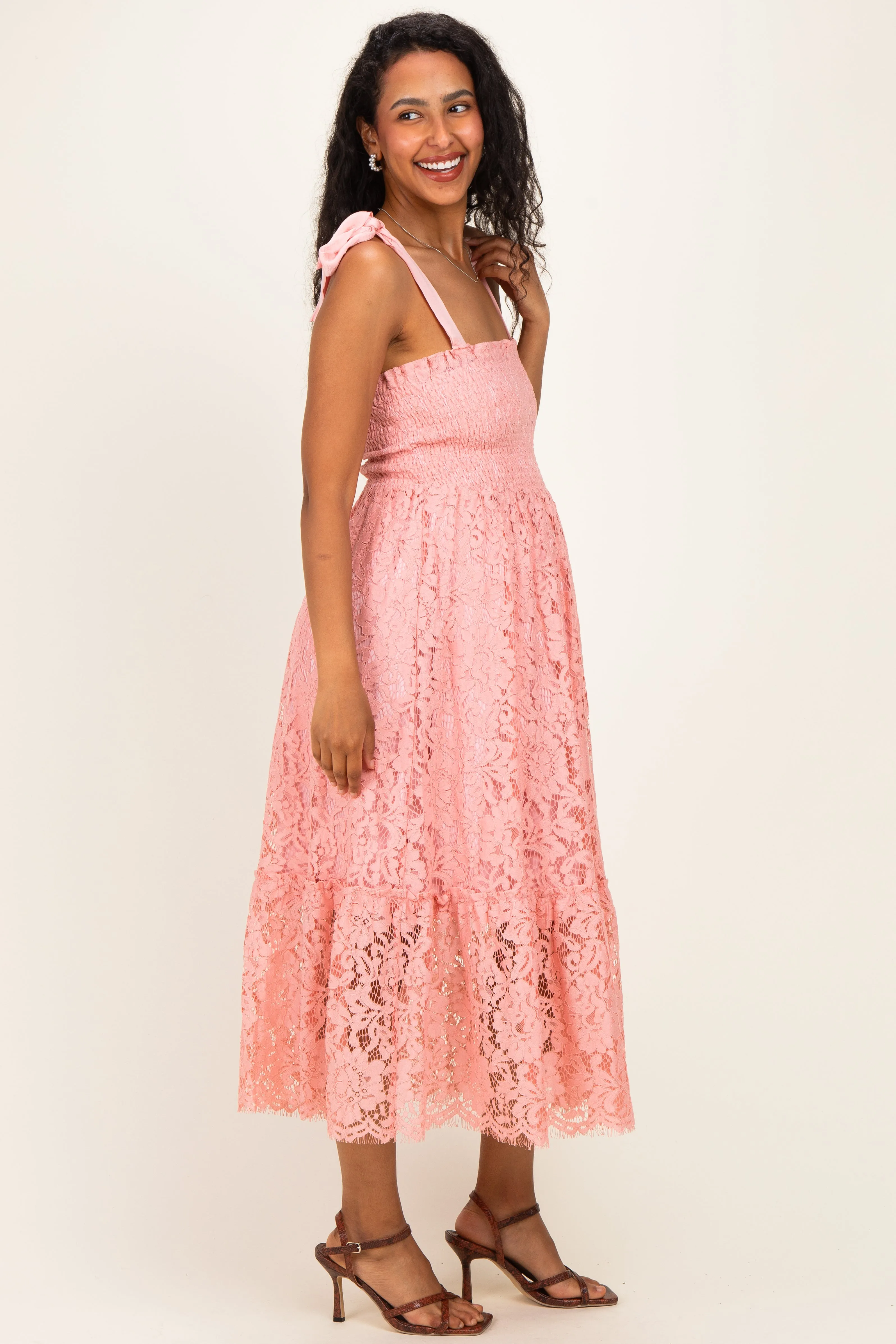 Pink Ribbon Strap Smocked Lace Maternity Midi Dress sold by Pinkblush product image thumbnail 3