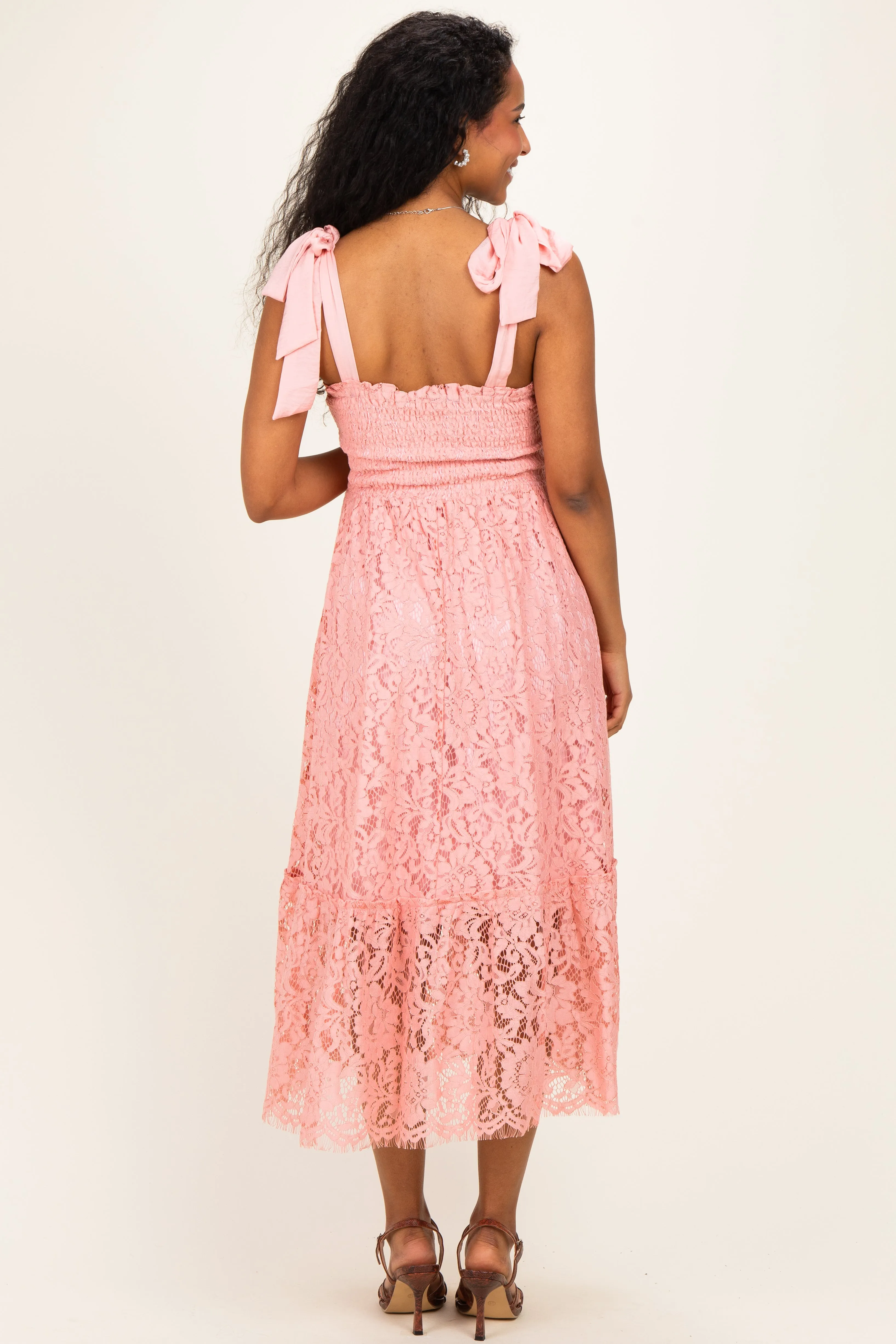 Pink Ribbon Strap Smocked Lace Maternity Midi Dress sold by Pinkblush product image thumbnail 4