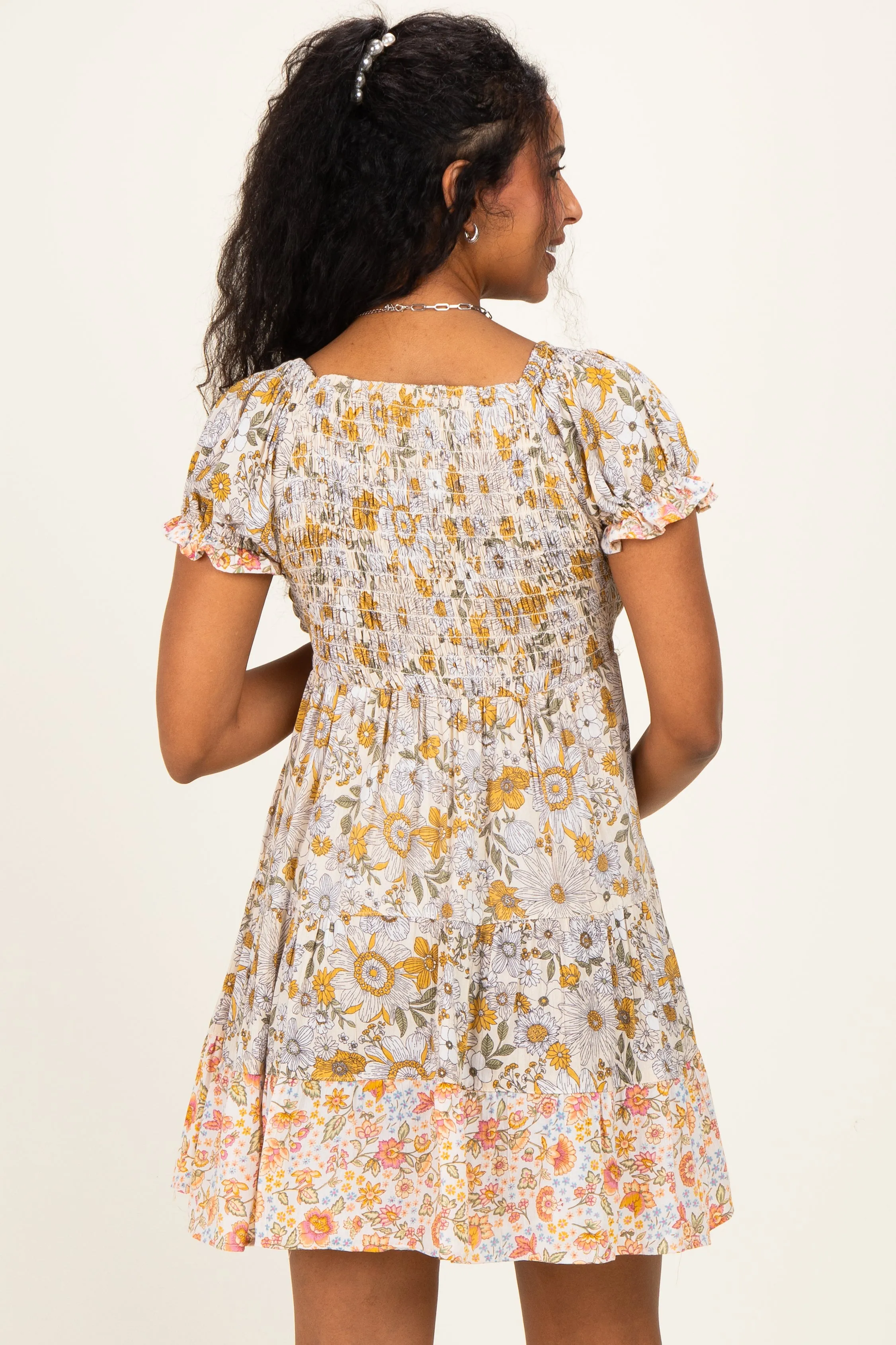 Lemon Mixed Floral V-Neck Smocked Maternity Mini Dress sold by Pinkblush product image thumbnail 4
