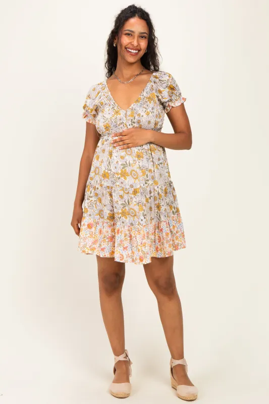 Lemon Mixed Floral V-Neck Smocked Maternity Mini Dress made by Angie
