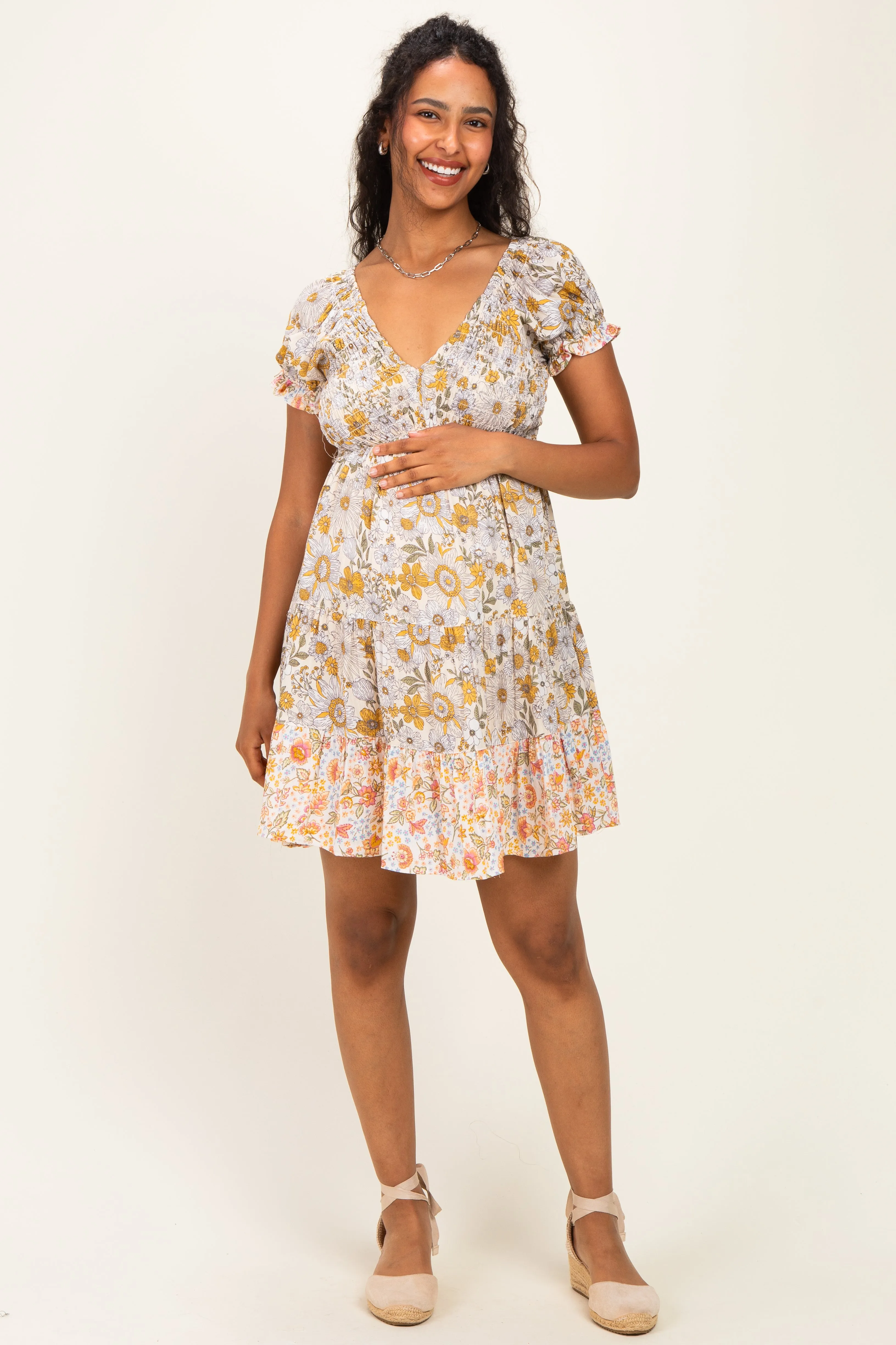 Lemon Mixed Floral V-Neck Smocked Maternity Mini Dress sold by Pinkblush