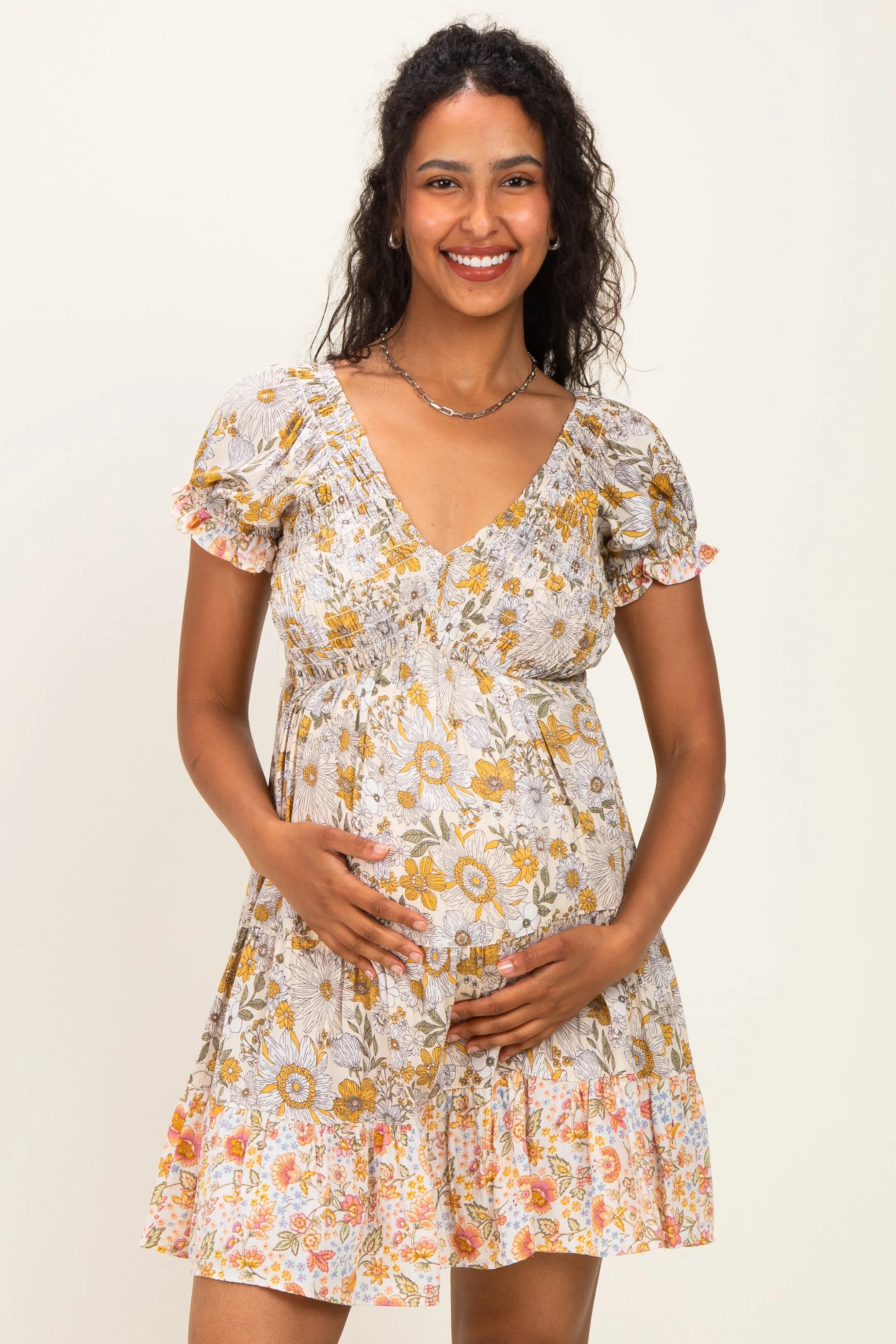 Lemon Mixed Floral V-Neck Smocked Maternity Mini Dress sold by Pinkblush product image thumbnail 2