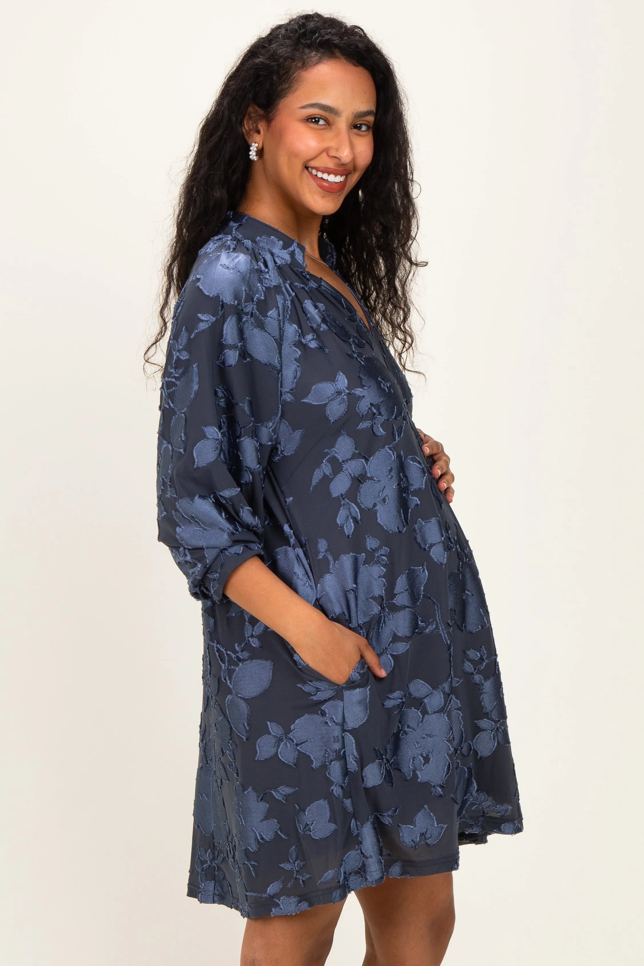 Navy Blue Floral Velvet Maternity Dress sold by Pinkblush product image thumbnail 3