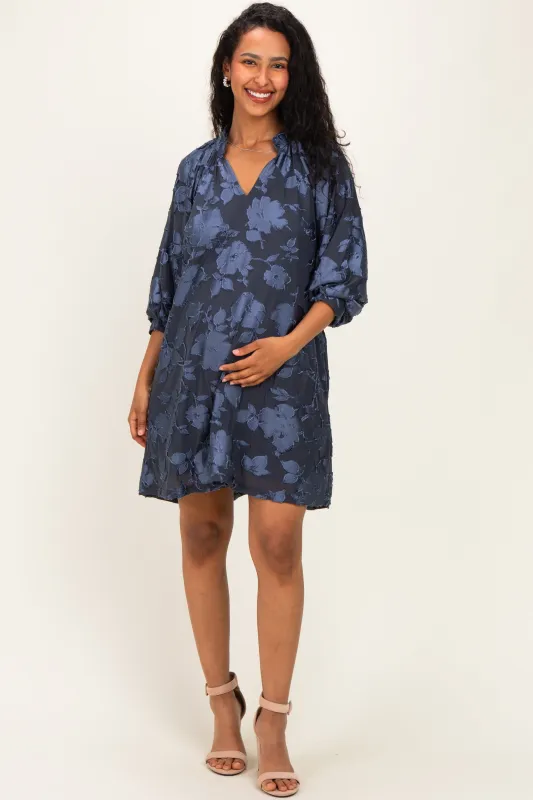 Navy Blue Floral Velvet Maternity Dress made by Umgee