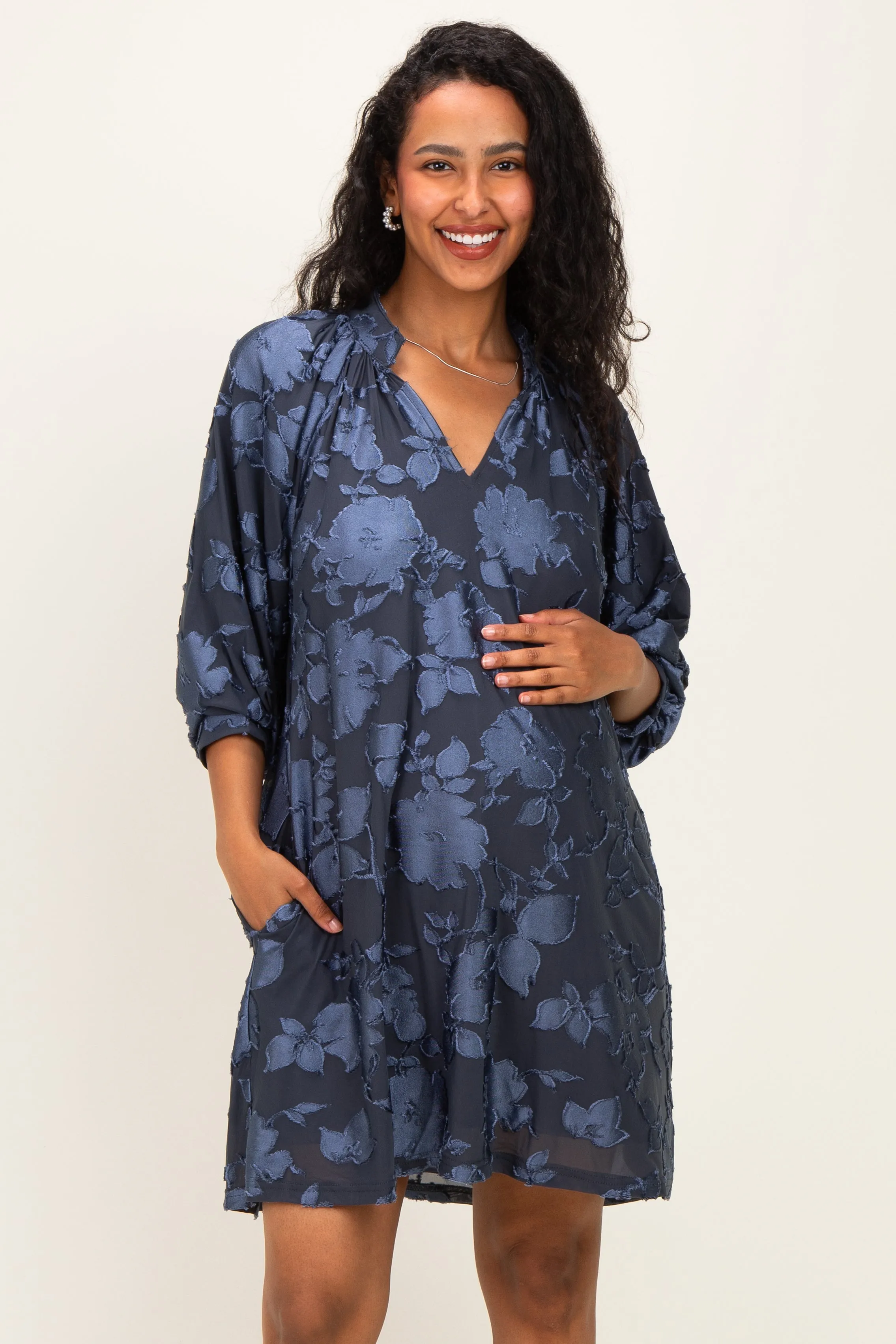 Navy Blue Floral Velvet Maternity Dress sold by Pinkblush product image thumbnail 2