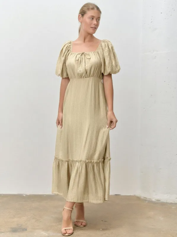 Beige Textured Woven Square Neck Midi Dress made by Polagram