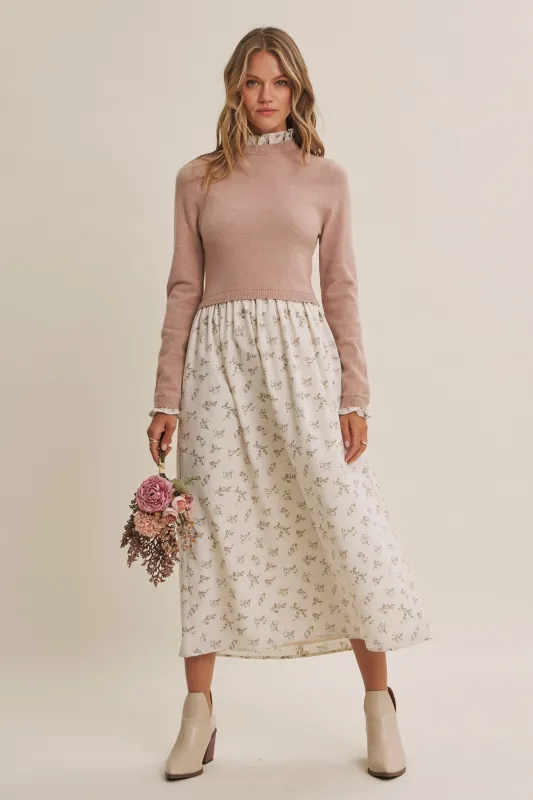 Cream Floral Sweater Contrast Midi Dress made by In February