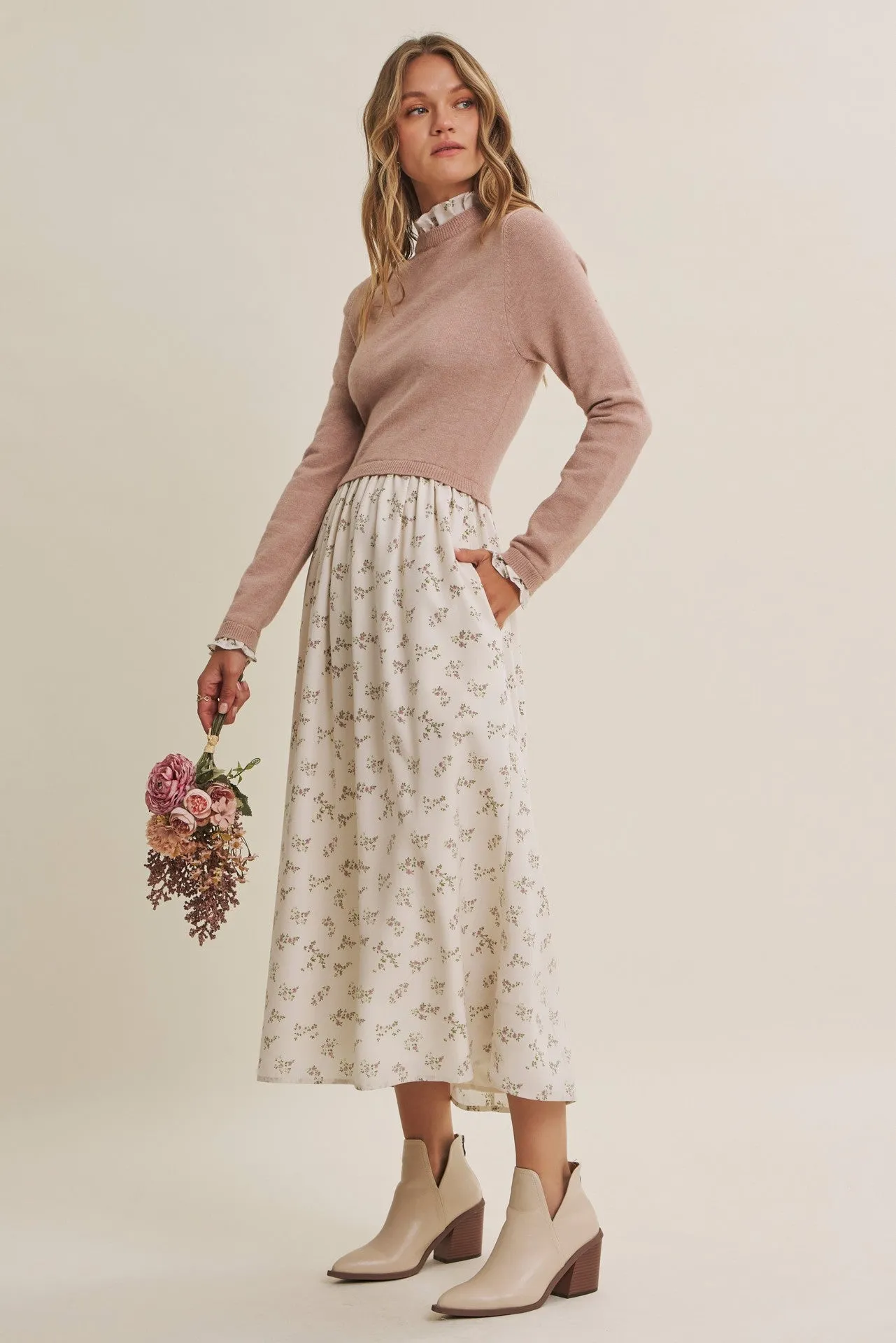 Cream Floral Sweater Contrast Midi Dress sold by Pinkblush product image thumbnail 2