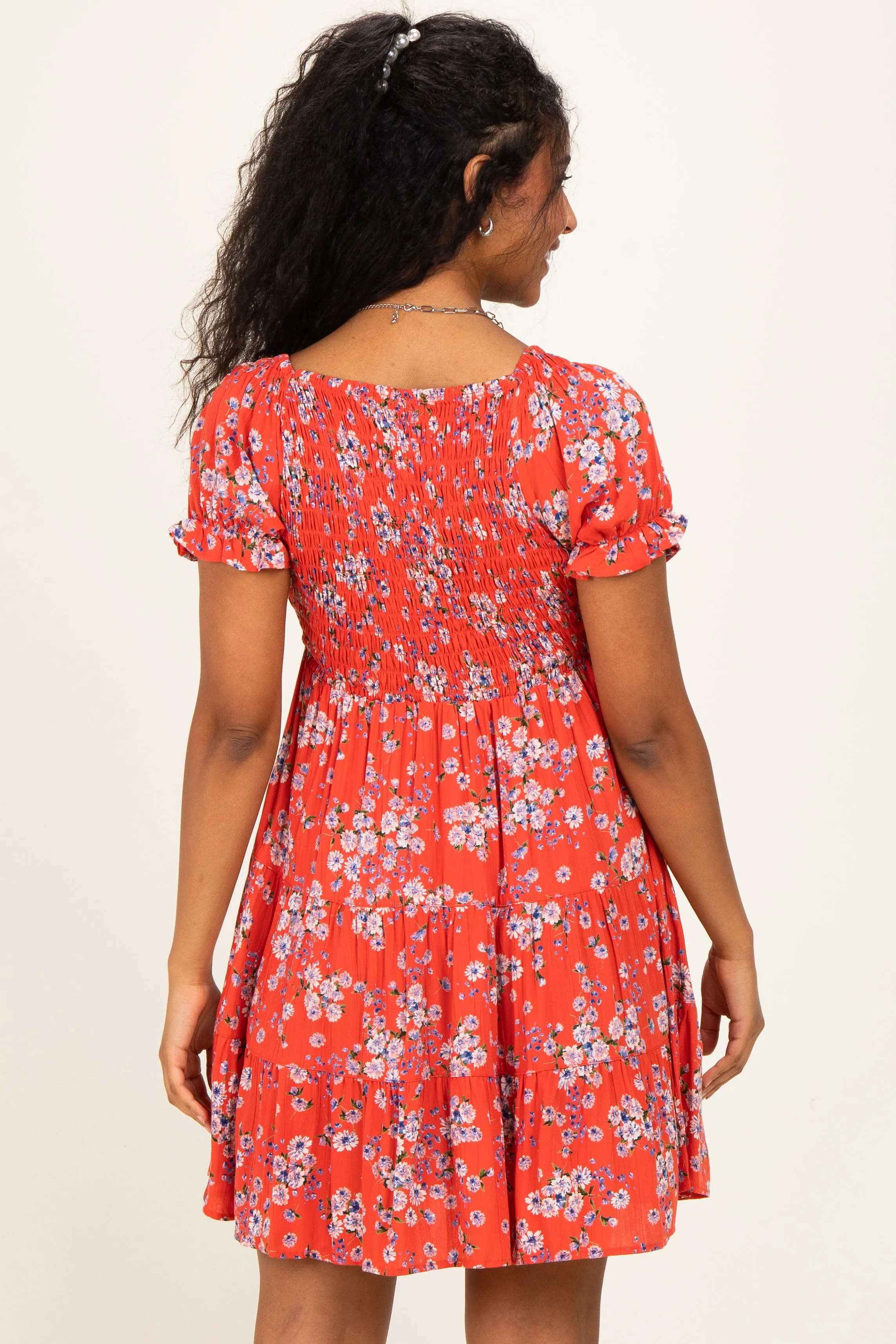 Red Floral Puff Sleeve Smocked Maternity Mini Dress sold by Pinkblush product image thumbnail 4
