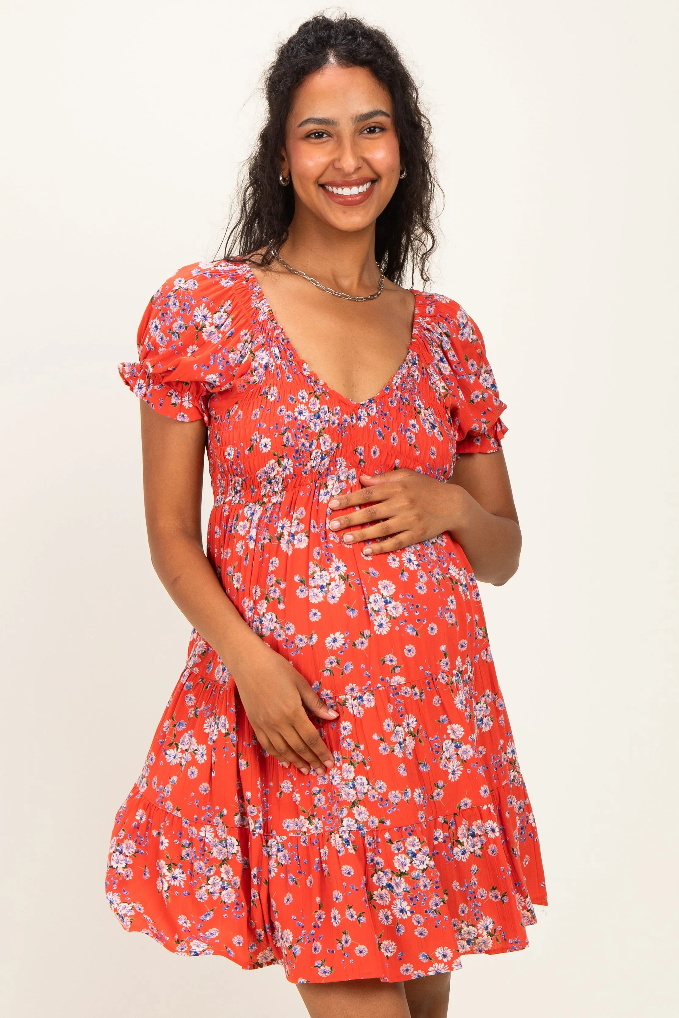 Red Floral Puff Sleeve Smocked Maternity Mini Dress sold by Pinkblush product image thumbnail 2