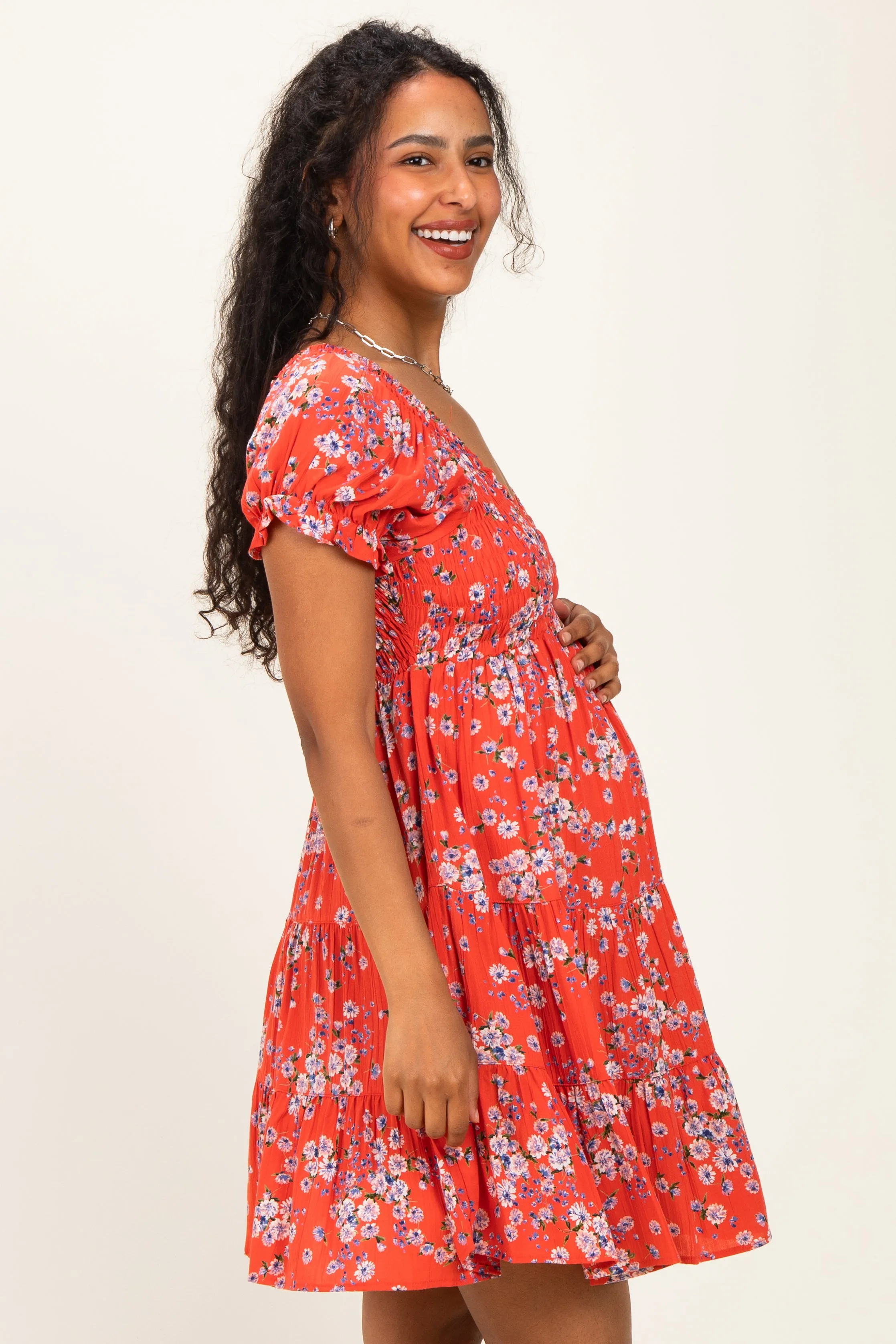 Red Floral Puff Sleeve Smocked Maternity Mini Dress sold by Pinkblush product image thumbnail 3