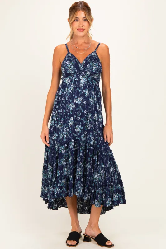 Navy Floral Eyelet Lace Ruffle Hem Maternity Midi Dress made by Angie