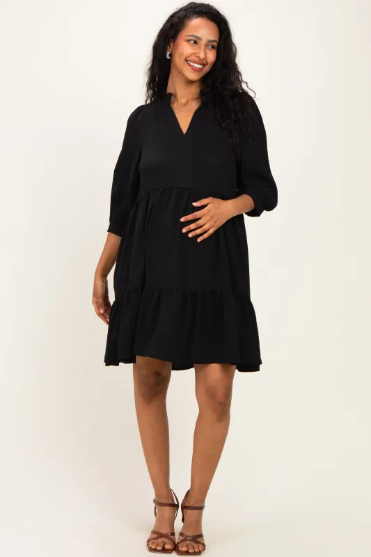 Black Ruffle Split Neck Tiered Maternity Dress made by Staccato