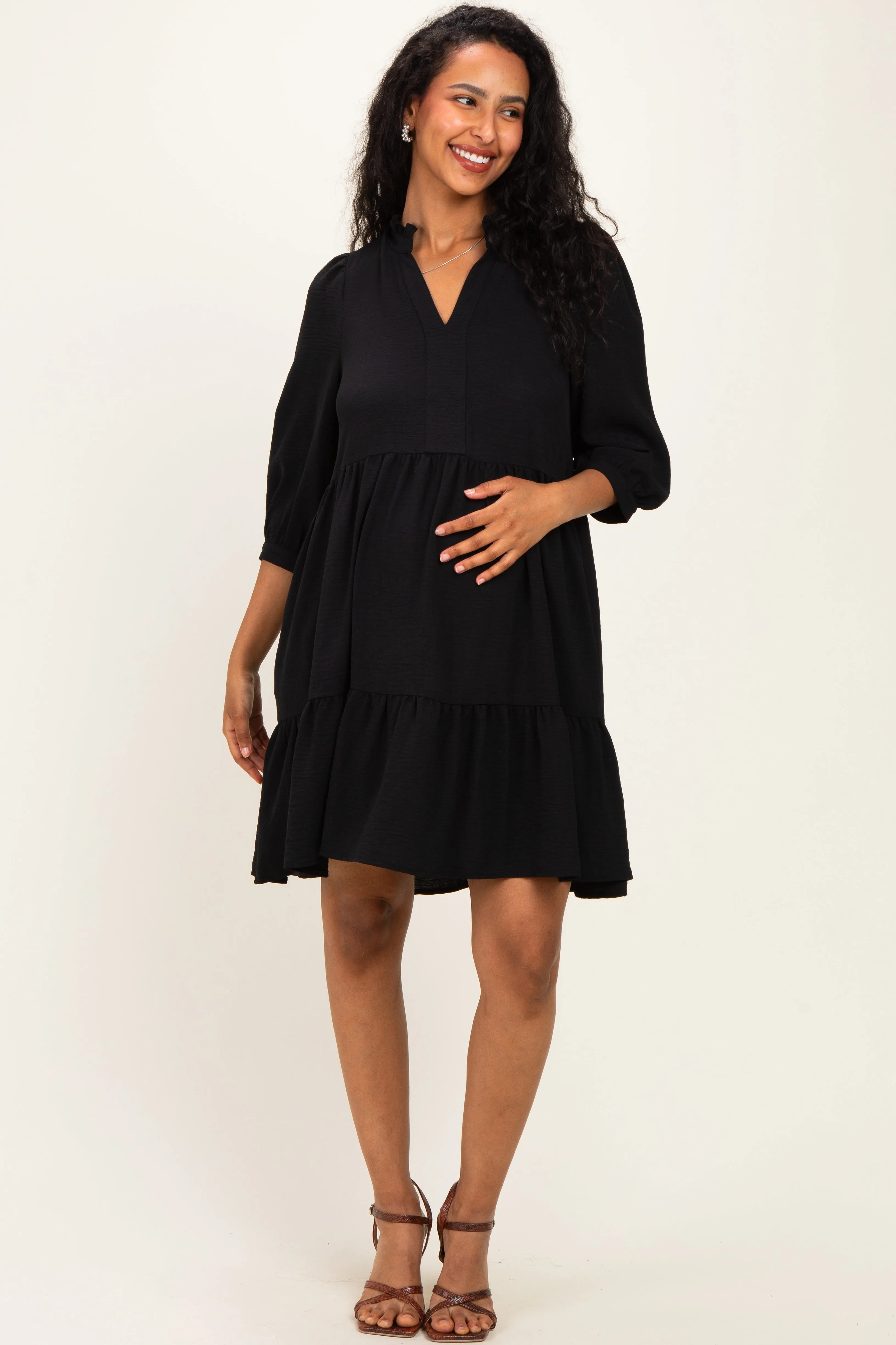 Black Ruffle Split Neck Tiered Maternity Dress sold by Pinkblush