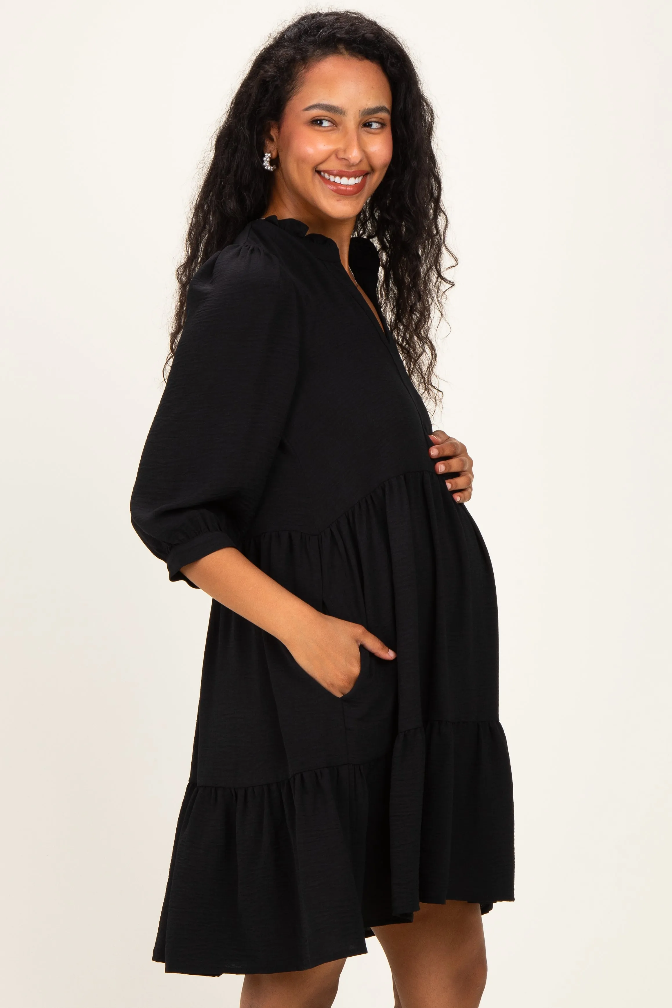 Black Ruffle Split Neck Tiered Maternity Dress sold by Pinkblush product image thumbnail 2