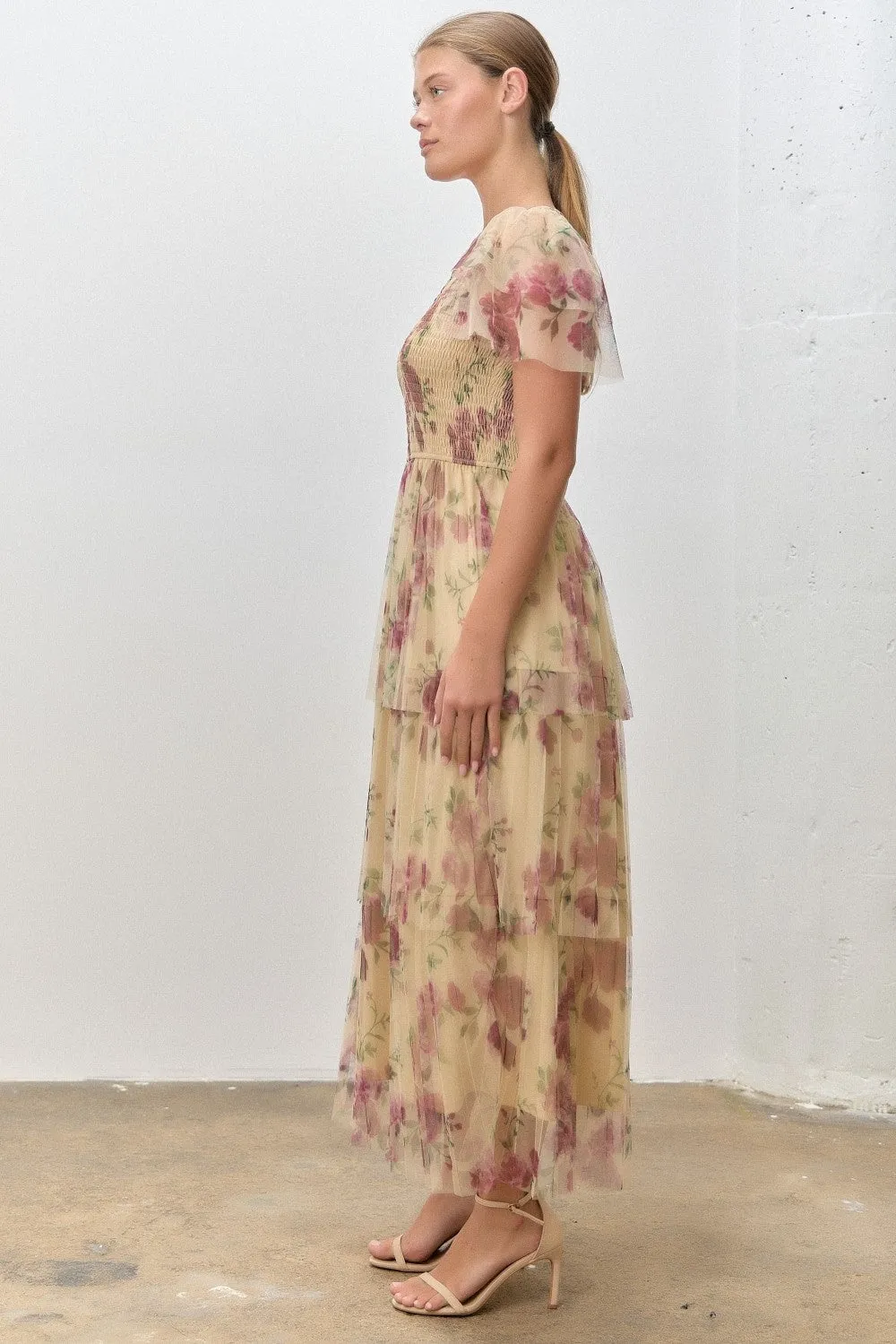 Yellow Floral Print Smocked Tiered Midi Dress sold by Pinkblush product image thumbnail 2