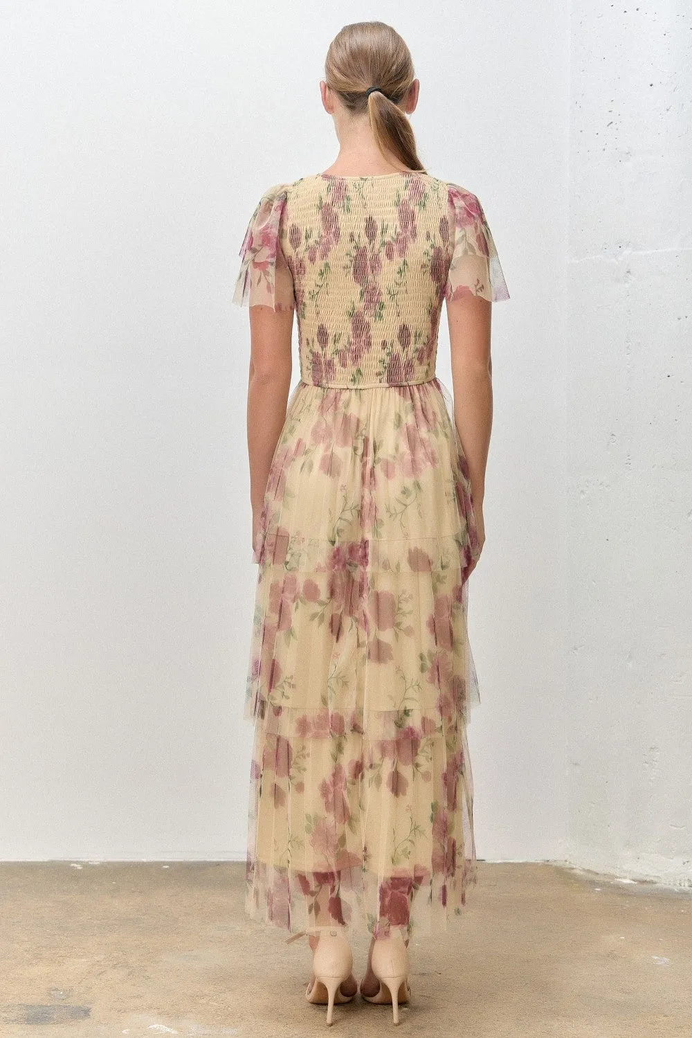 Yellow Floral Print Smocked Tiered Midi Dress sold by Pinkblush product image thumbnail 3