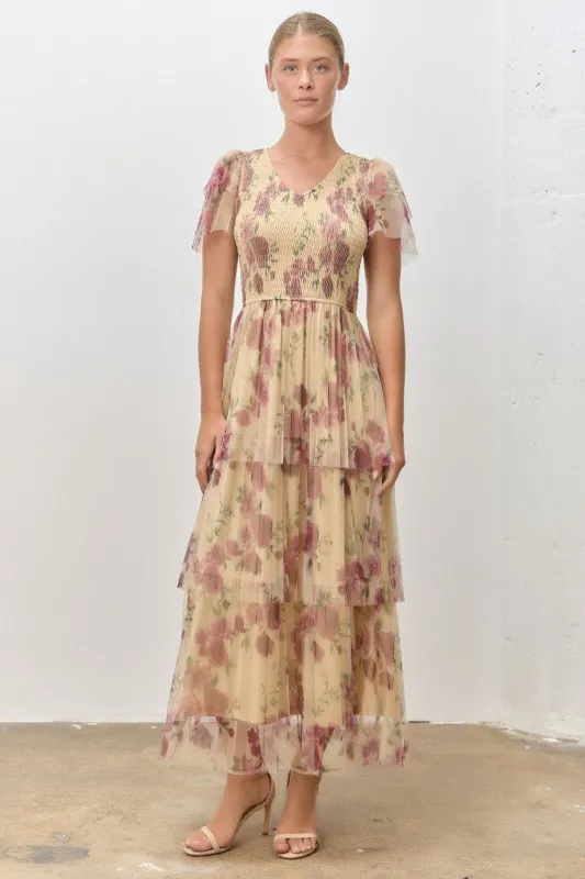 Yellow Floral Print Smocked Tiered Midi Dress made by Polagram