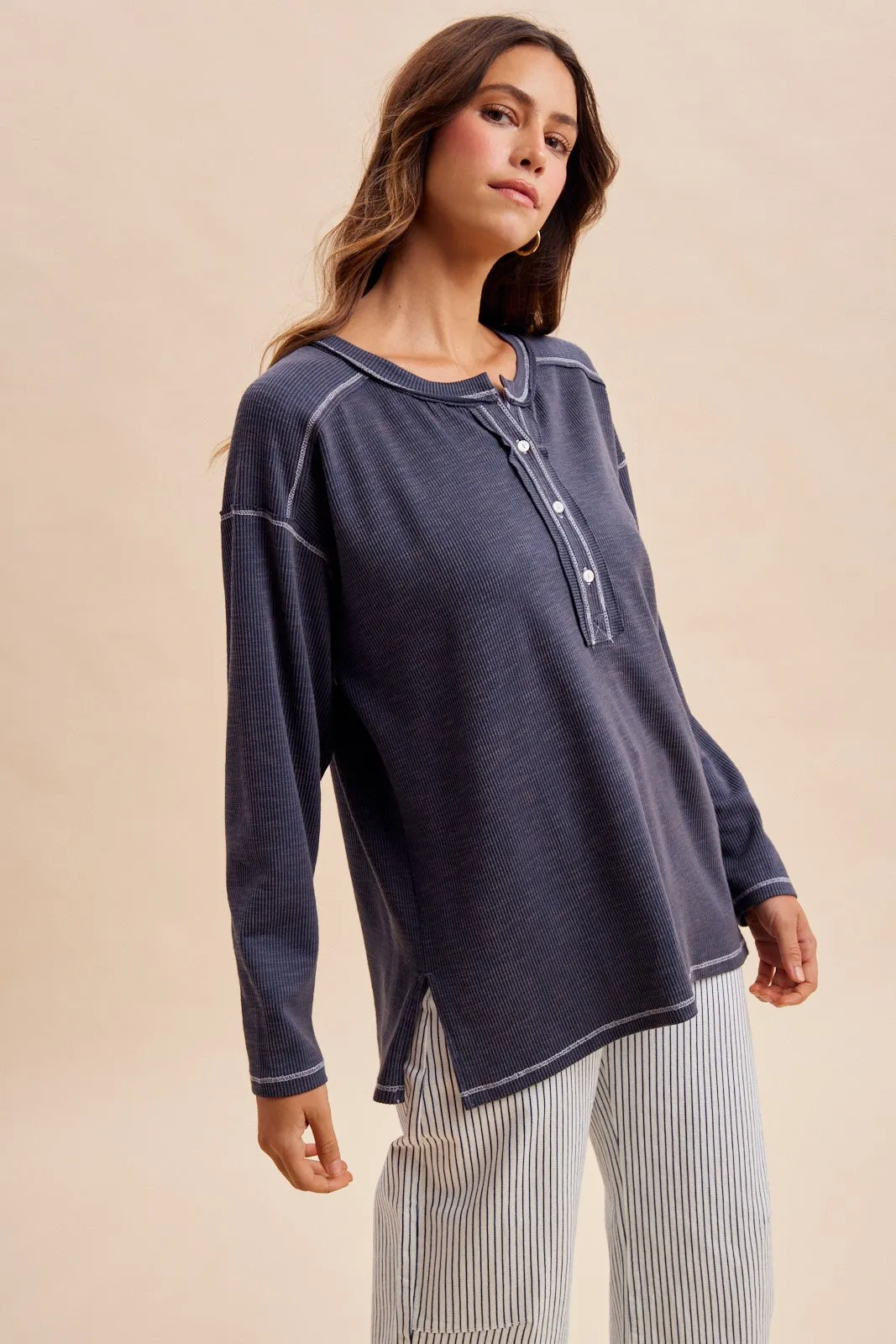 Faded Charcoal Ribbed Jersey Oversized Henley sold by Pinkblush product image thumbnail 3