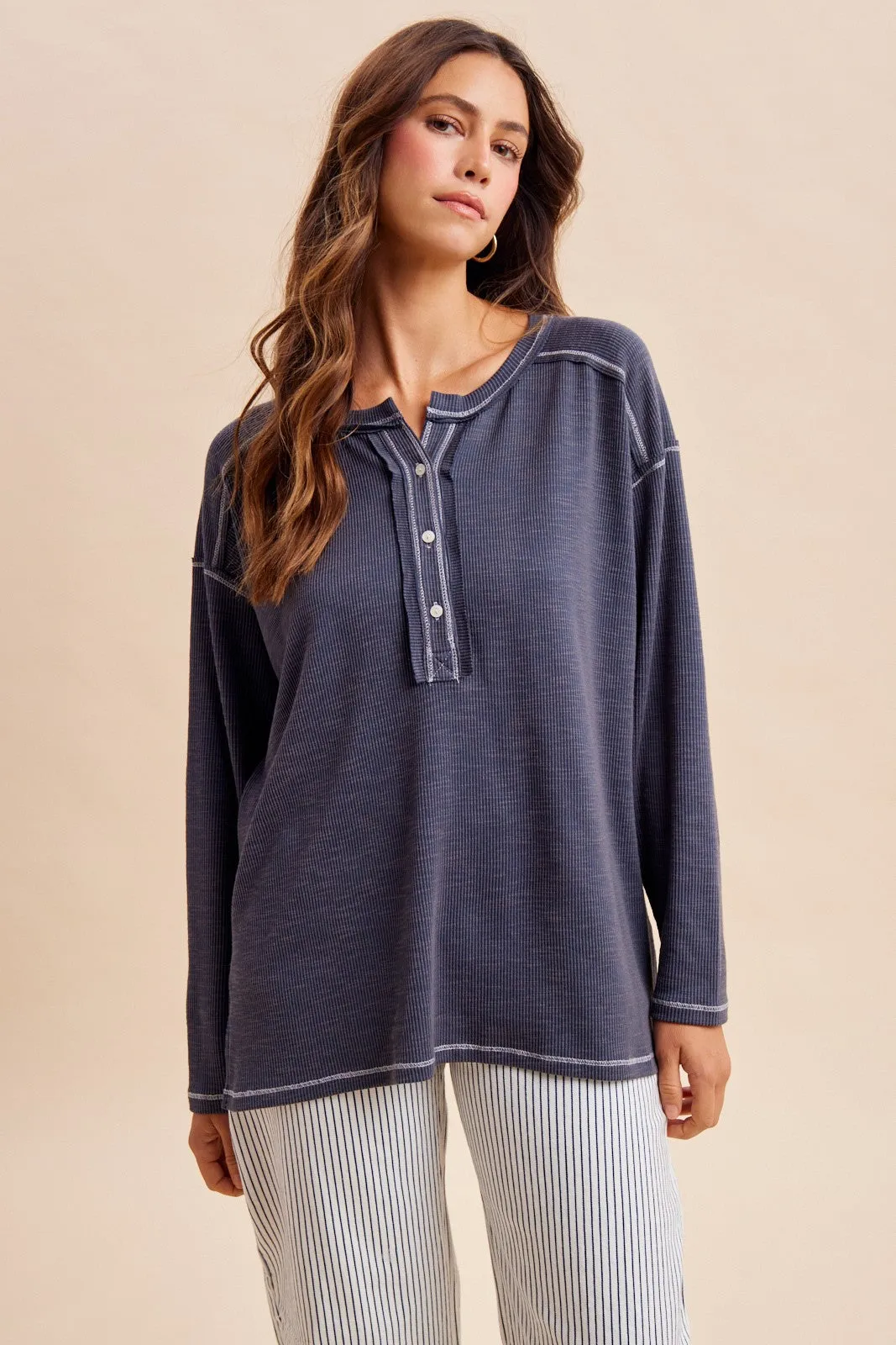 Faded Charcoal Ribbed Jersey Oversized Henley sold by Pinkblush
