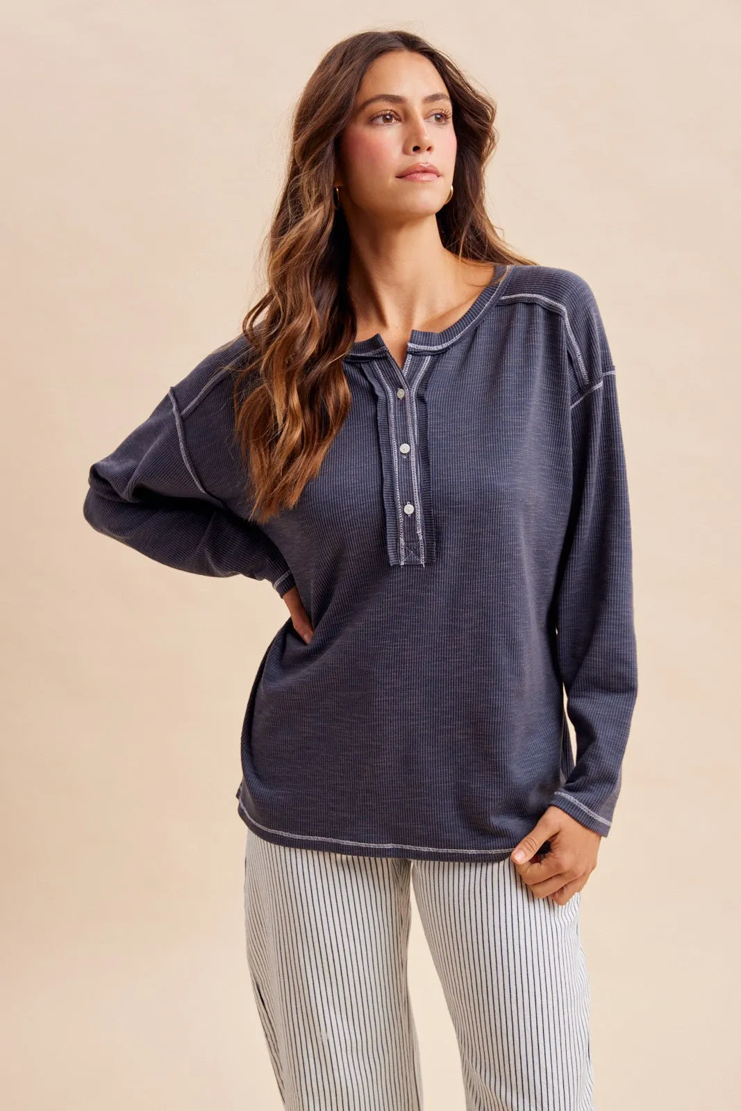 Faded Charcoal Ribbed Jersey Oversized Henley sold by Pinkblush product image thumbnail 2