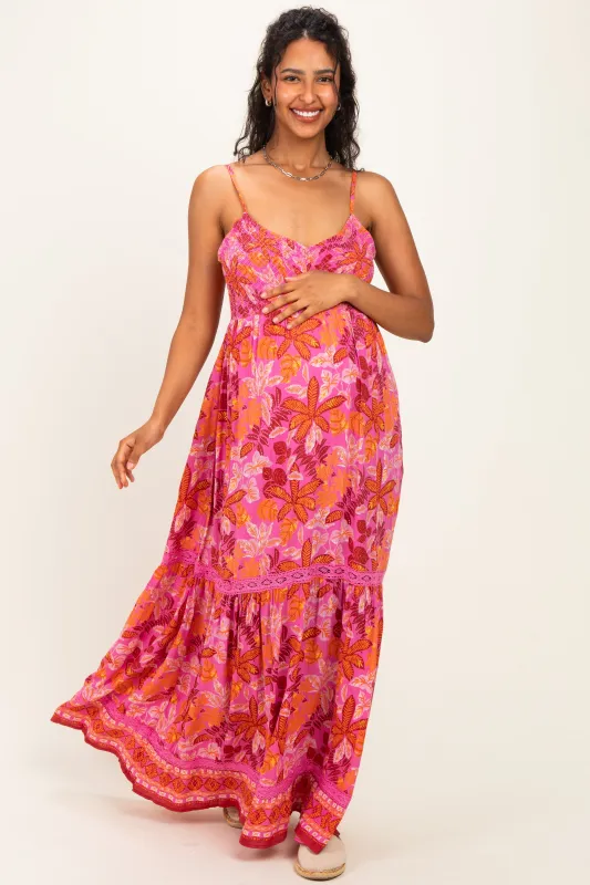 Fuchsia Floral Lace Trim Maternity Maxi Dress made by Angie