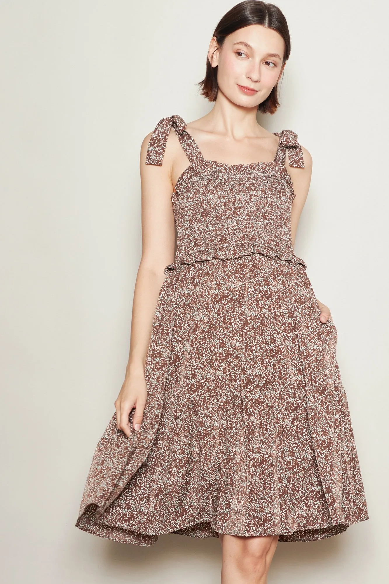 Chestnut Floral Smocked Shoulder Tie Dress sold by Pinkblush