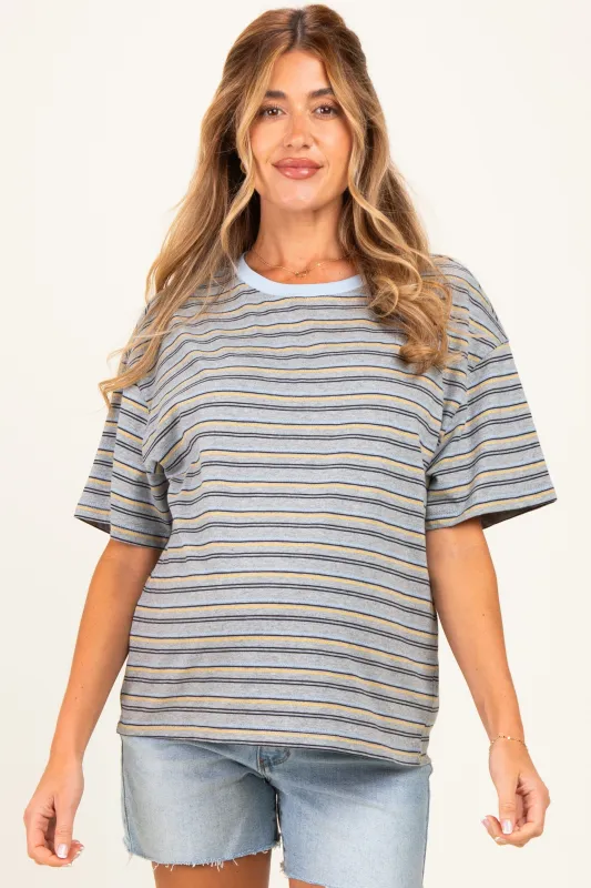 Heather Grey Multi Striped Oversized Maternity Short Sleeve Tee made by Le Lis
