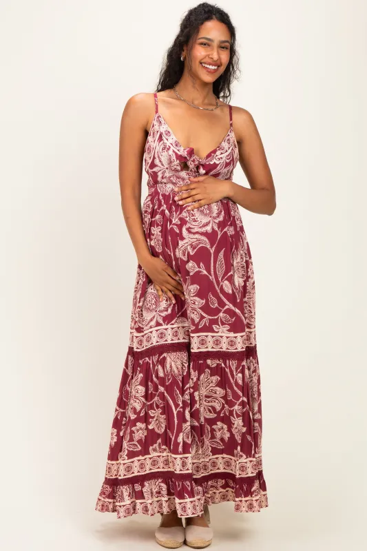 Wine Floral Front Tie Keyhole Maternity Maxi Dress made by Angie