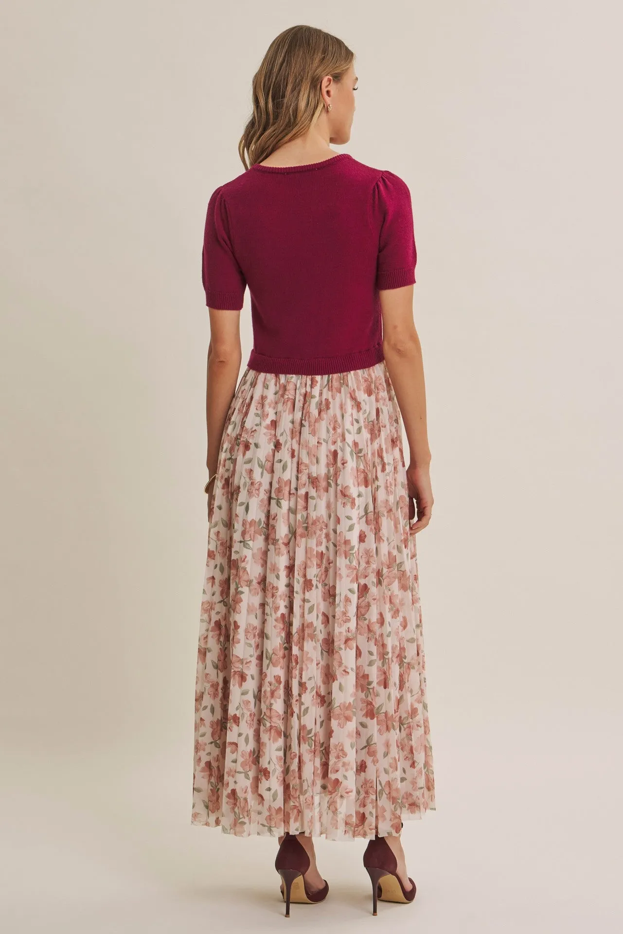 Burgundy Knit Top Pleated Floral Skirt Maxi Dress sold by Pinkblush product image thumbnail 4