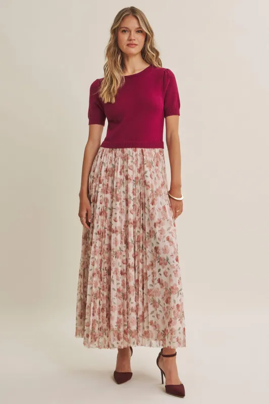 Burgundy Knit Top Pleated Floral Skirt Maxi Dress made by In February