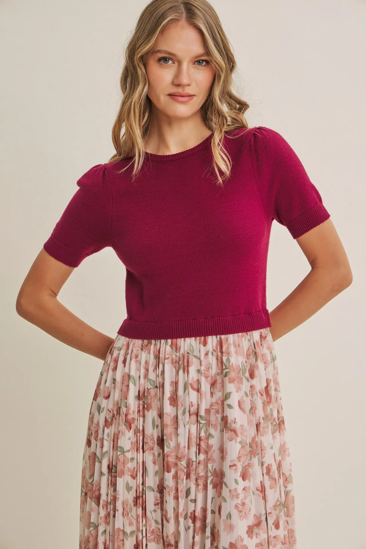 Burgundy Knit Top Pleated Floral Skirt Maxi Dress sold by Pinkblush product image thumbnail 5