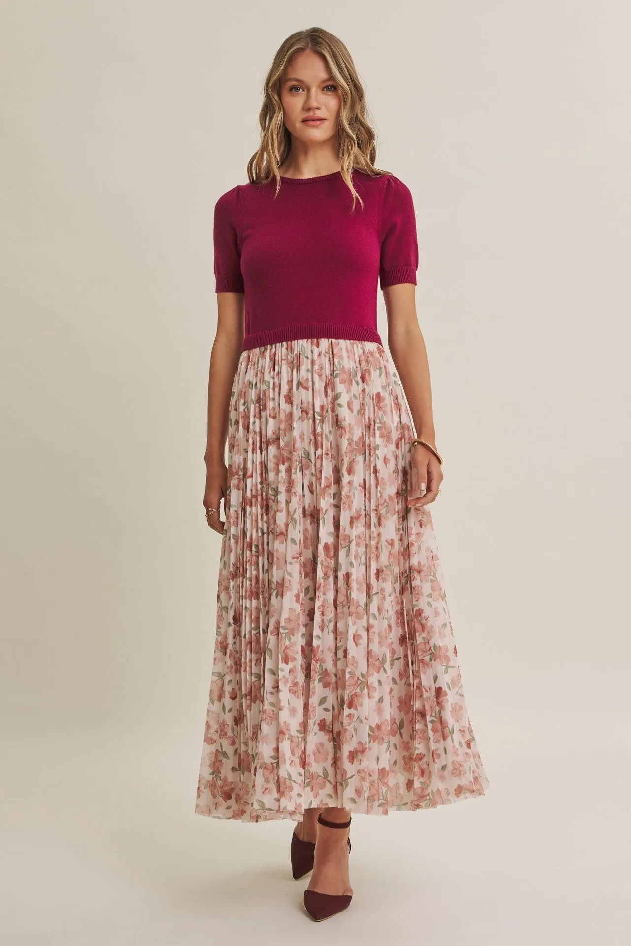 Burgundy Knit Top Pleated Floral Skirt Maxi Dress sold by Pinkblush product image thumbnail 2